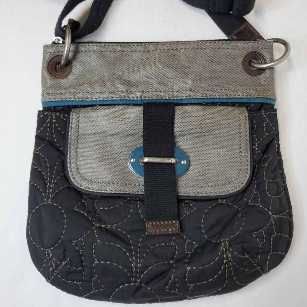 Fossil Key Per Black Quilted Stitch Canvas Leather Hobo  Shoulder Bag Vintage